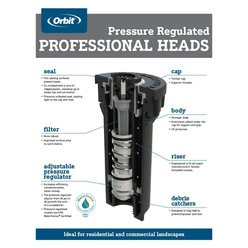 Orbit 6 in. Professional Pressure Regulated Spray Head Sprinkler with 15 ft. Adjustable Nozzle 2 Orbit 6 in. Professional Pressure Regulated Spray Head Sprinkler with 15 ft. Adjustable Nozzle - Image 2